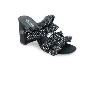 Charles David Royals Black Ruffled Rhinestone Banded Block Heel Sandals 8.5 NEW